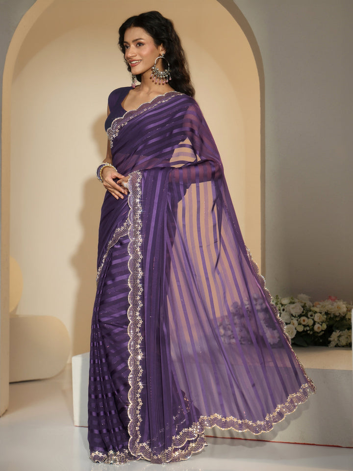 Libas Purple Striped Embellished Net Saree
