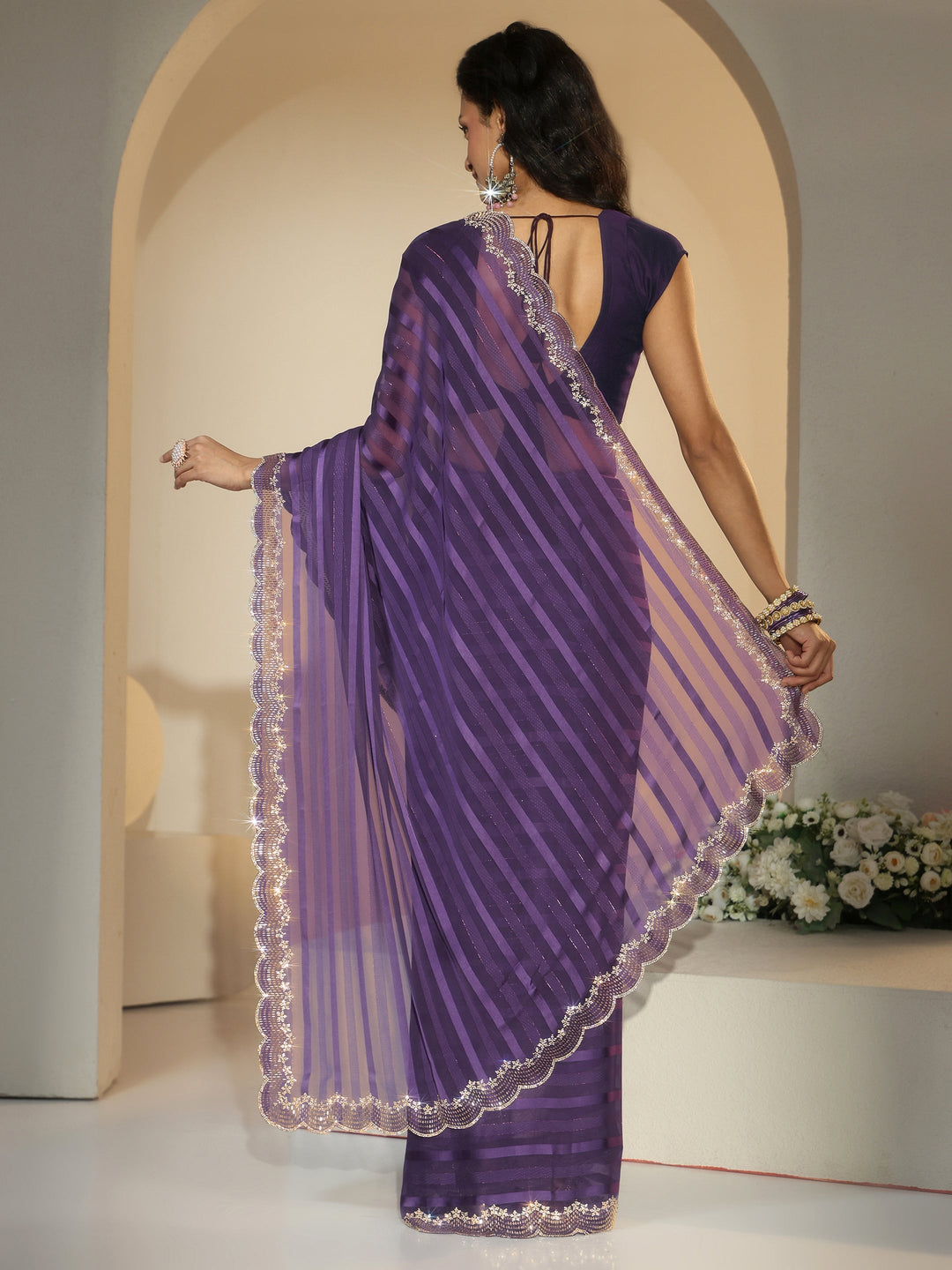 Libas Purple Striped Embellished Net Saree