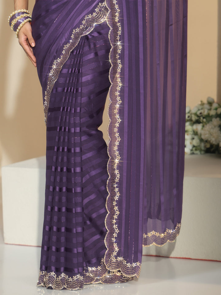 Libas Purple Striped Embellished Net Saree