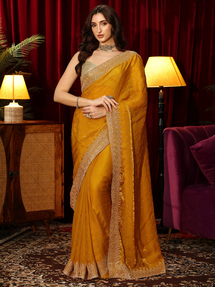Libas Mustard Embellished Tissue Saree