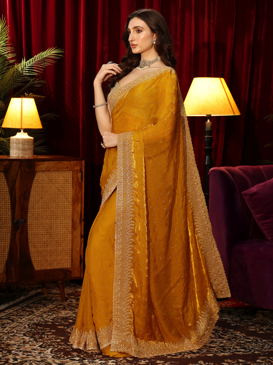 Libas Mustard Embellished Tissue Saree