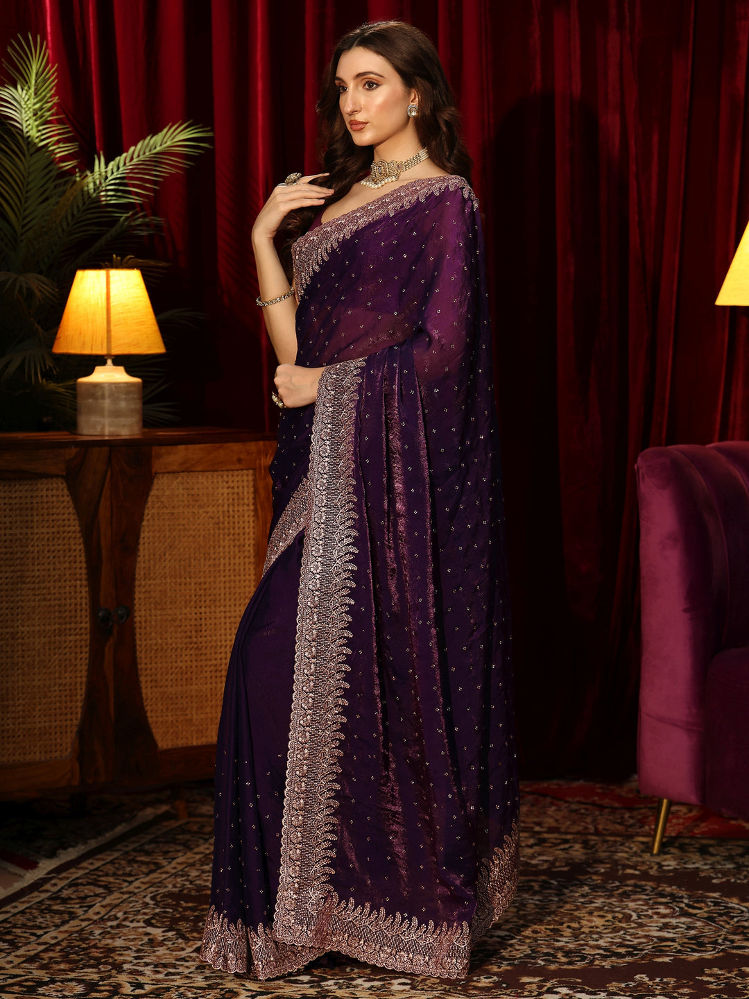 Libas Imperial Purple Embellished Tissue Saree