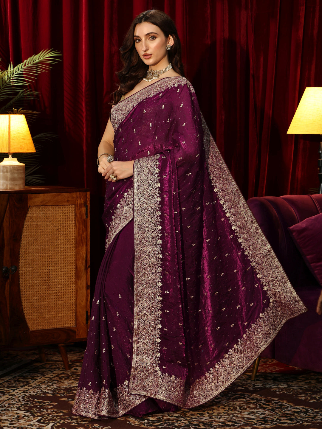 Libas Burgundy Embellished Tissue Saree