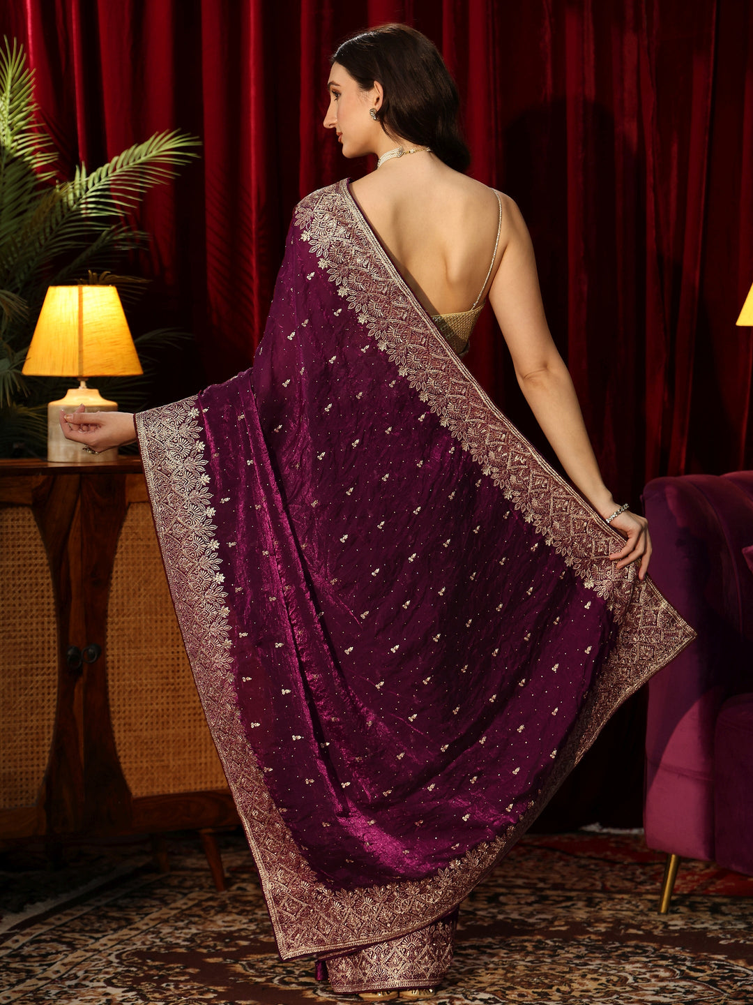 Libas Burgundy Embellished Tissue Saree