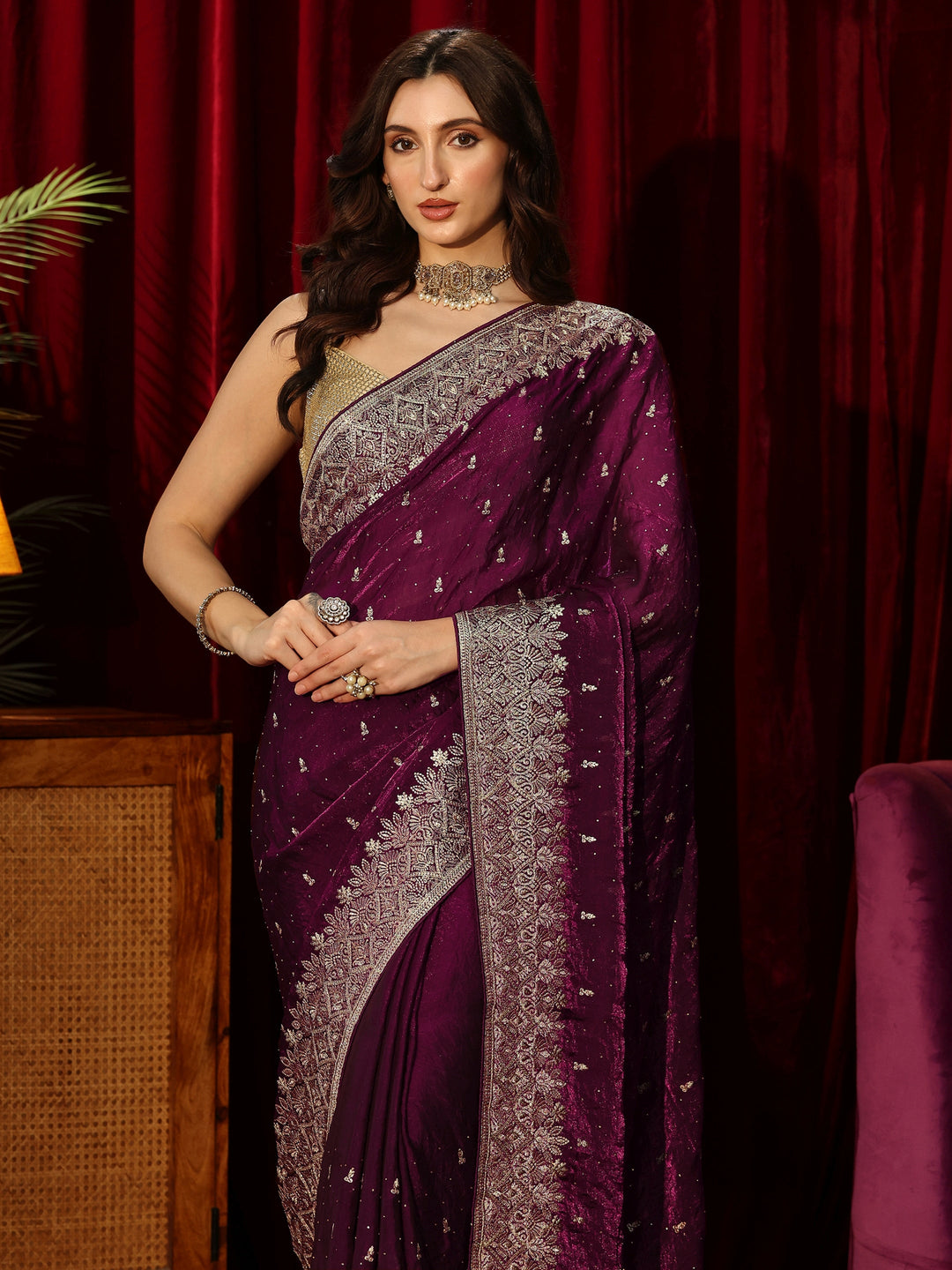 Libas Burgundy Embellished Tissue Saree