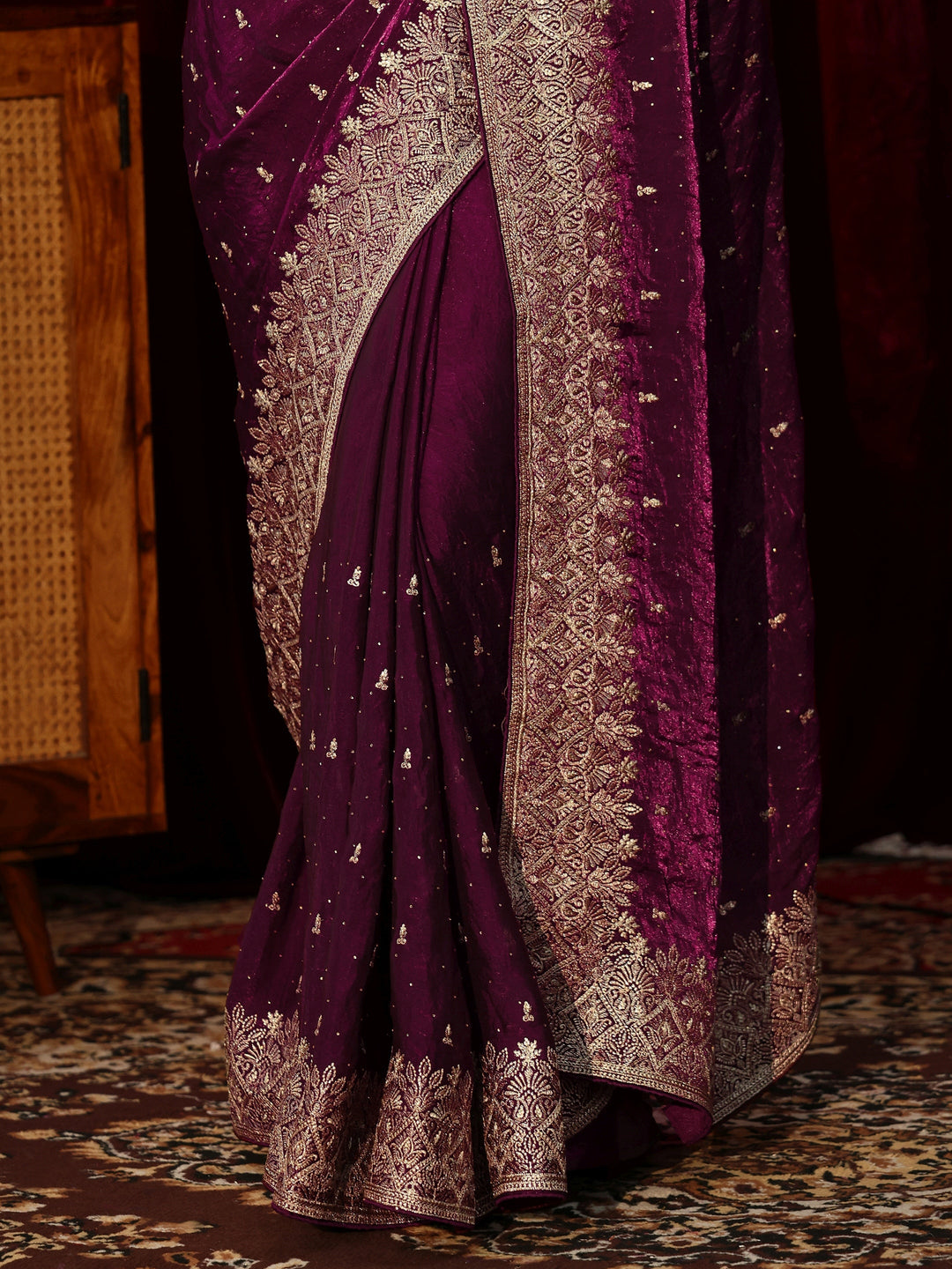 Libas Burgundy Embellished Tissue Saree