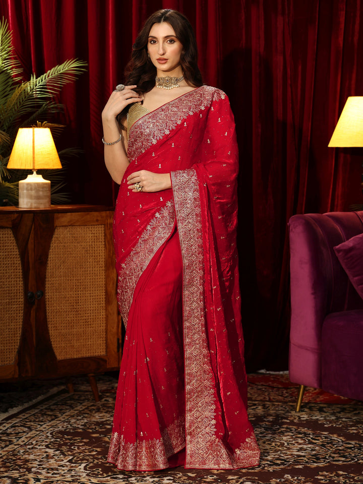 Libas Ruby Red Embellished Tissue Saree