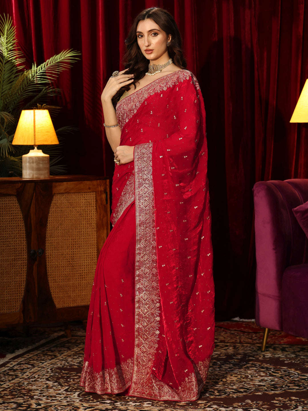 Libas Ruby Red Embellished Tissue Saree