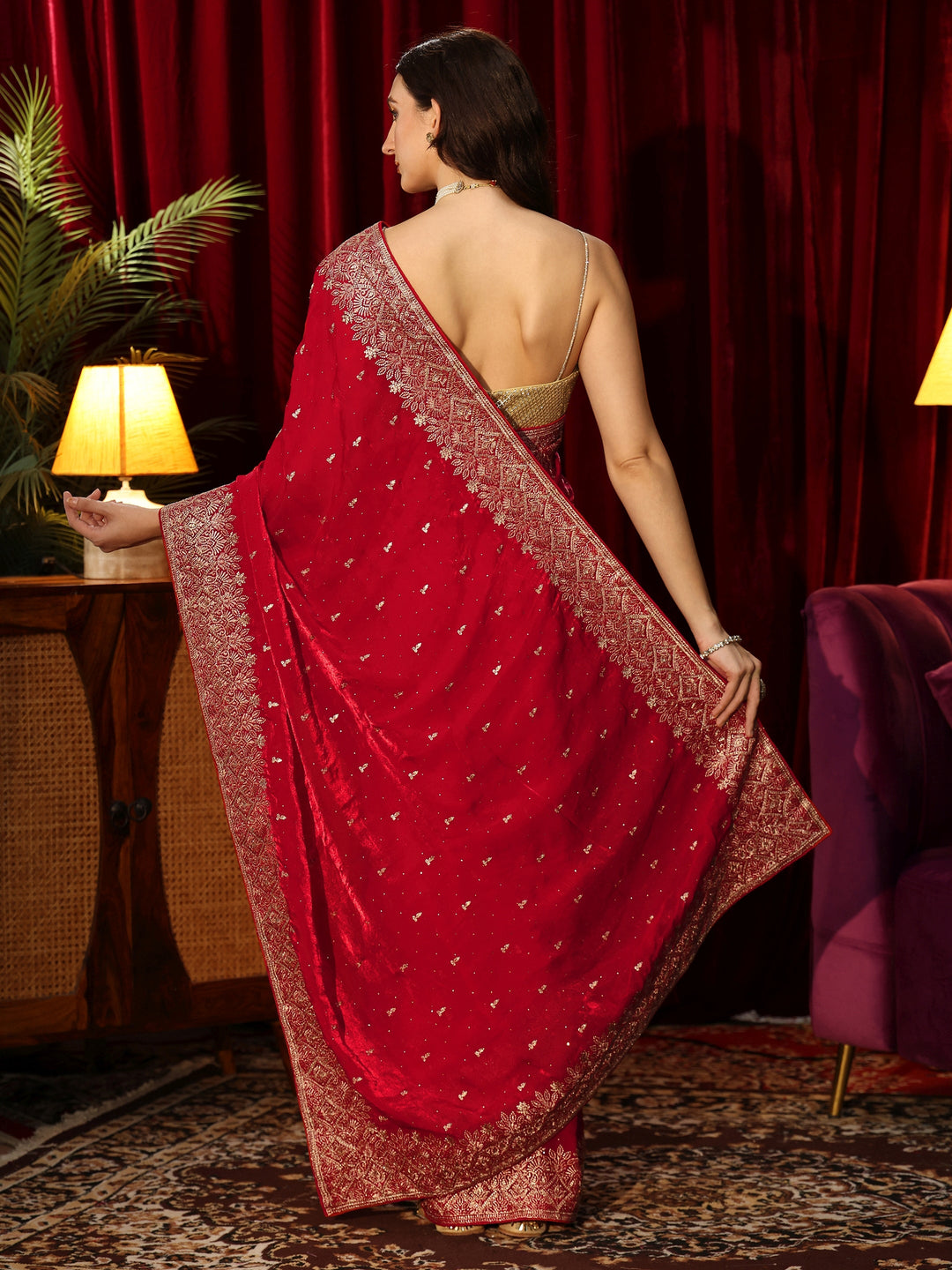 Libas Ruby Red Embellished Tissue Saree