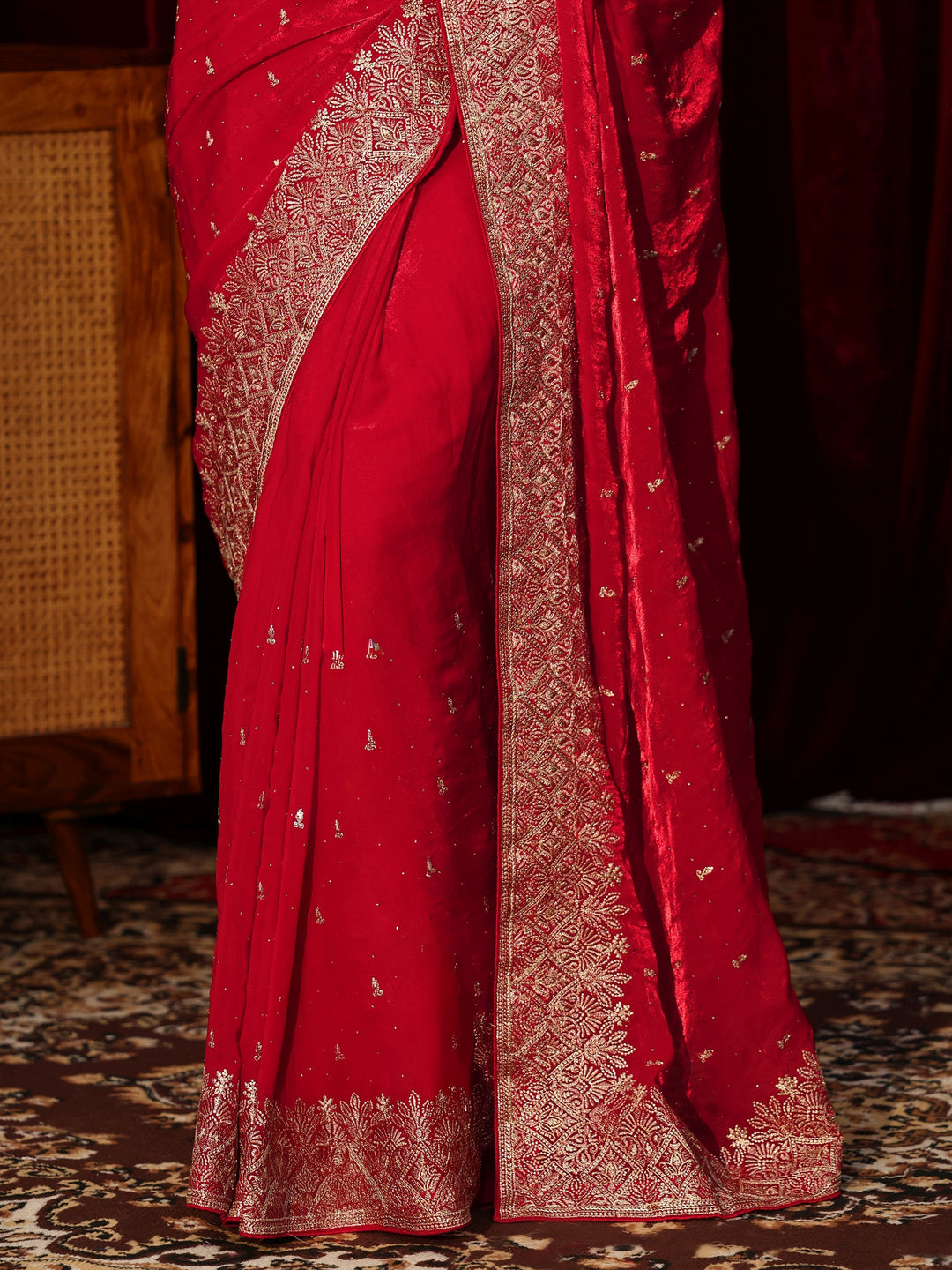 Libas Ruby Red Embellished Tissue Saree