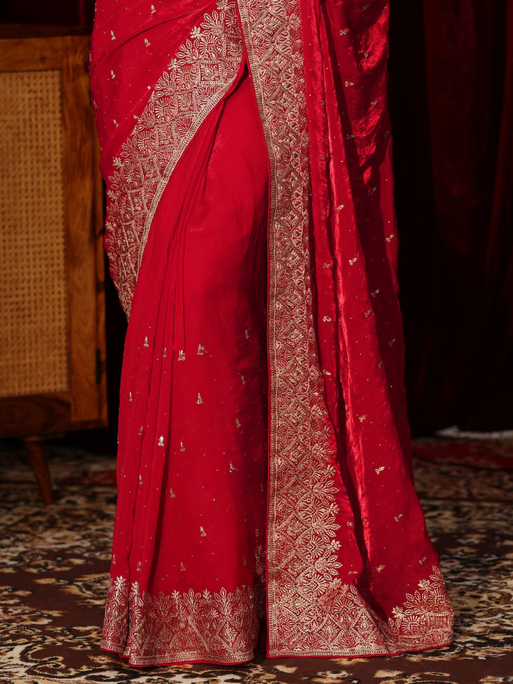 Libas Ruby Red Embellished Tissue Saree