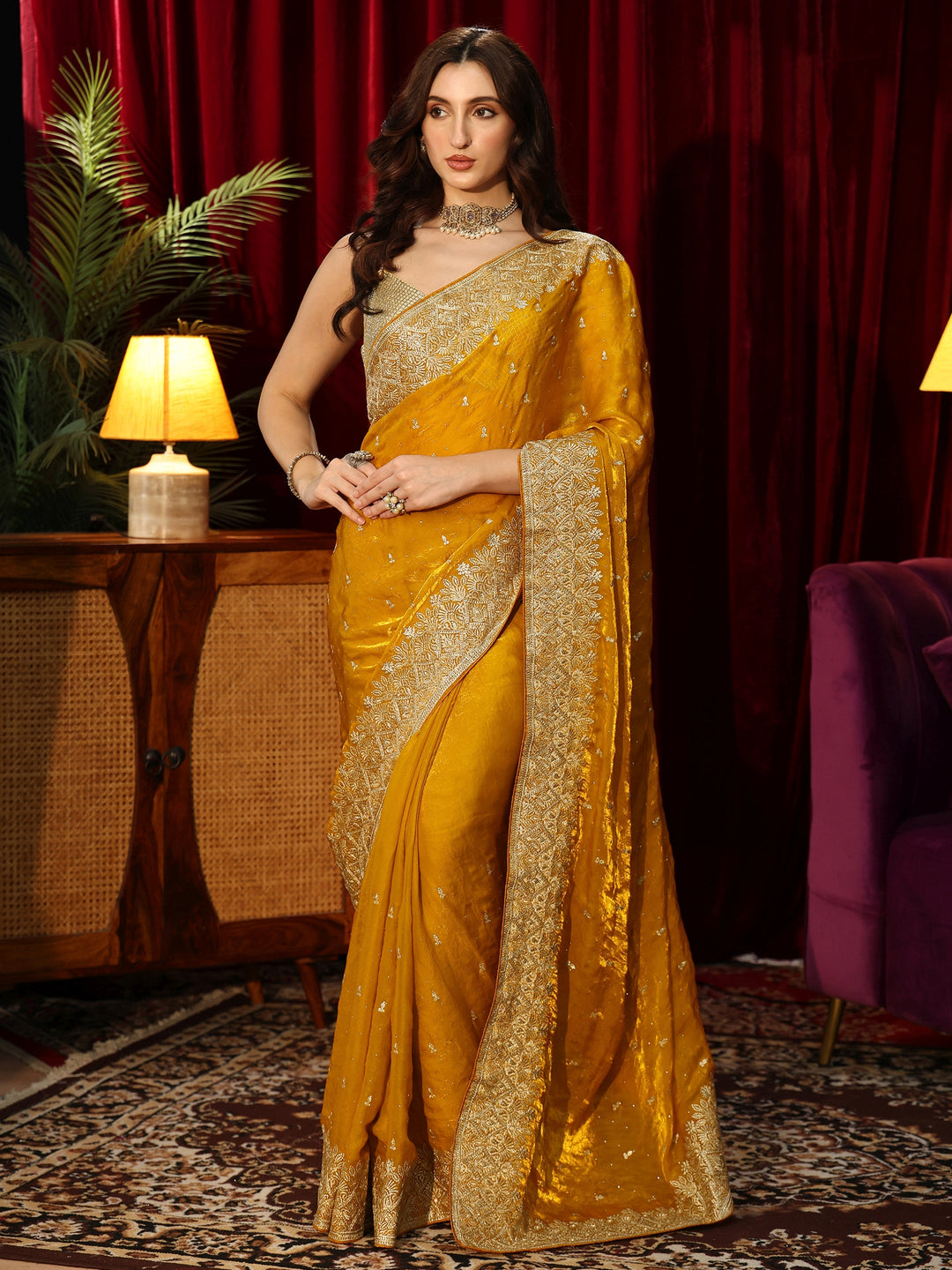 Libas Mustard Embellished Tissue Saree