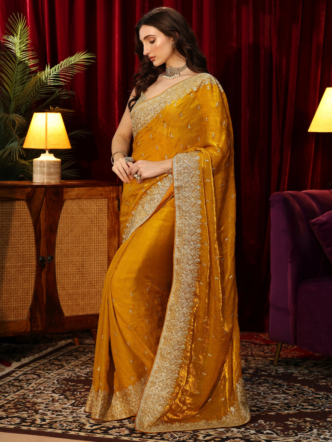 Libas Mustard Embellished Tissue Saree