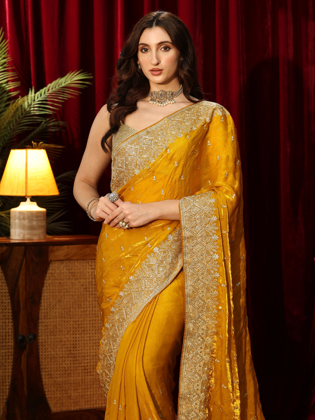 Libas Mustard Embellished Tissue Saree