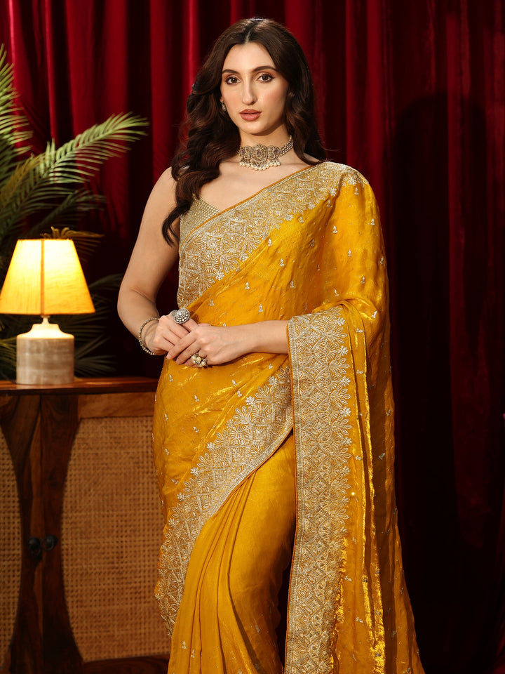 Libas Mustard Embellished Tissue Saree