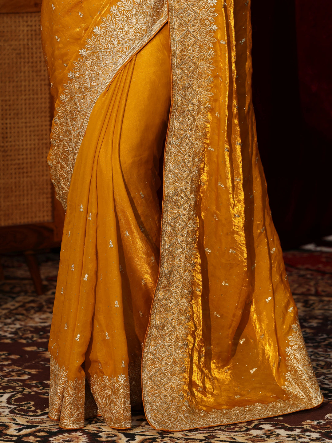 Libas Mustard Embellished Tissue Saree