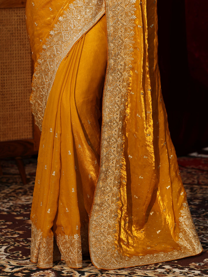 Libas Mustard Embellished Tissue Saree