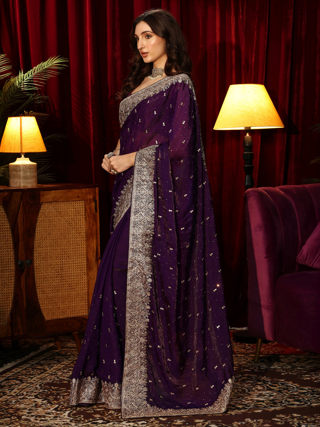 Libas Imperial Purple Embellished Tissue Saree
