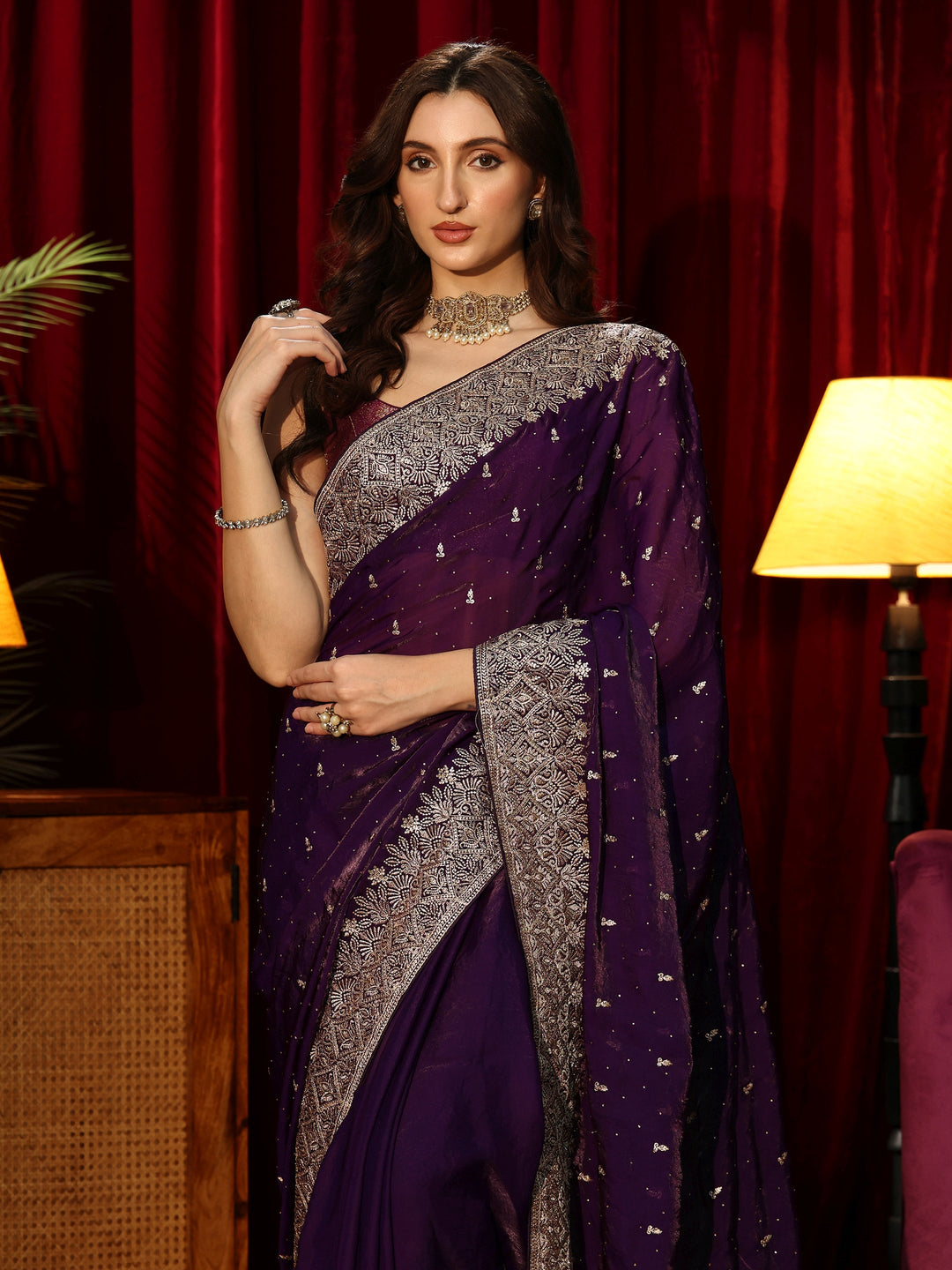 Libas Imperial Purple Embellished Tissue Saree