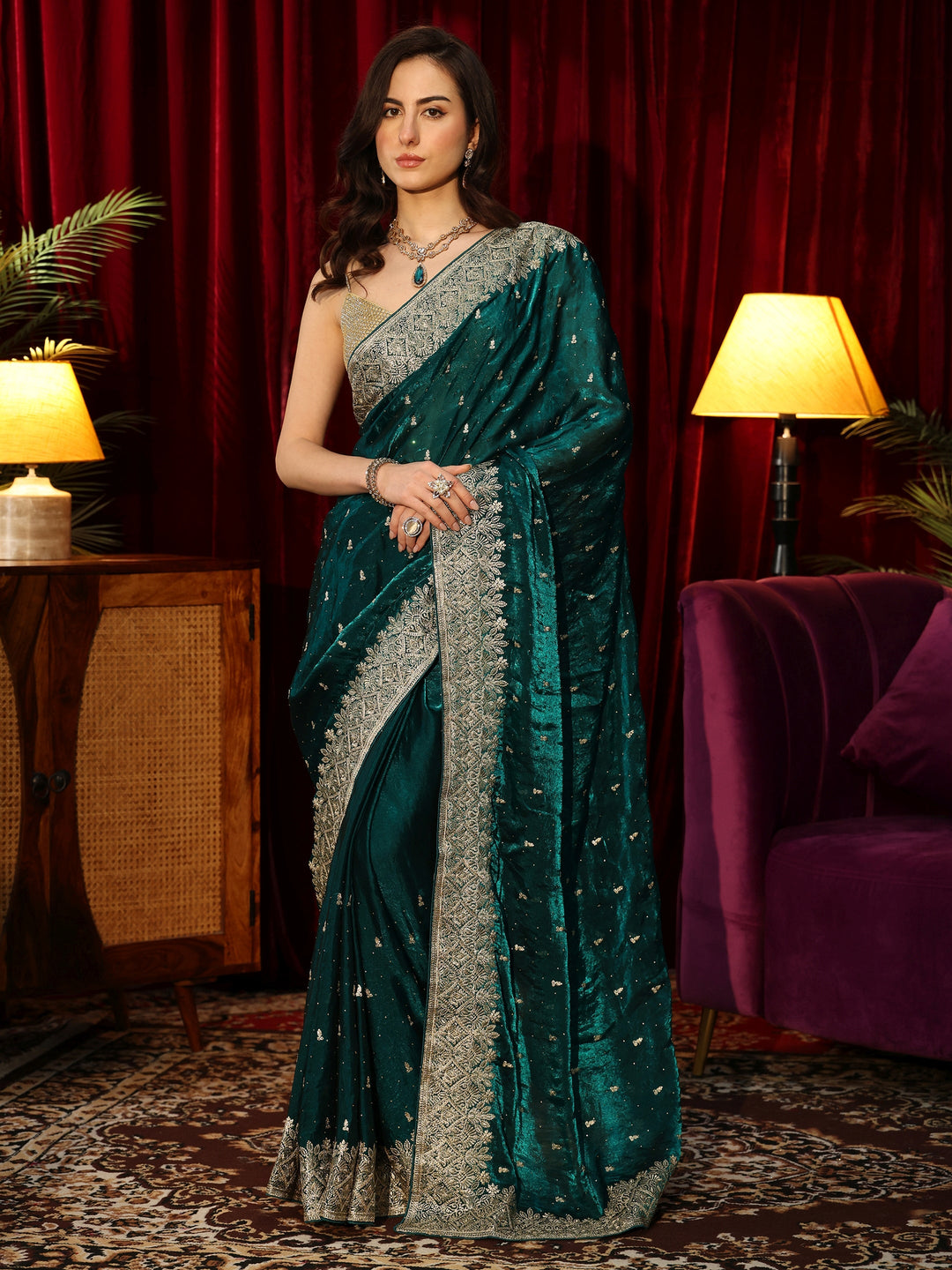 Libas Teal Green Embellished Tissue Saree