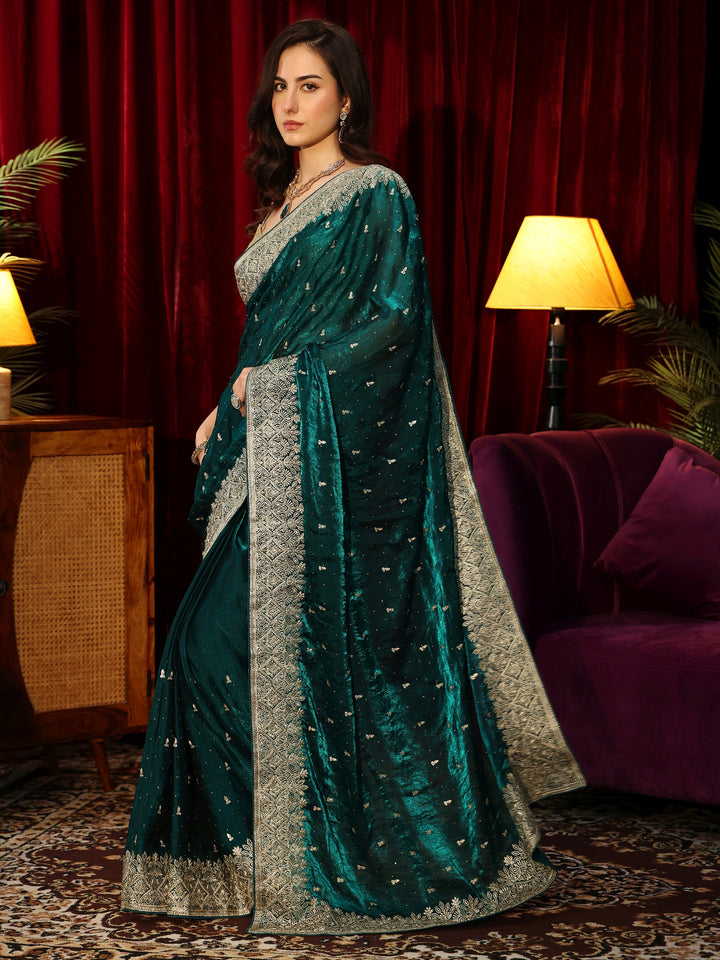 Libas Teal Green Embellished Tissue Saree