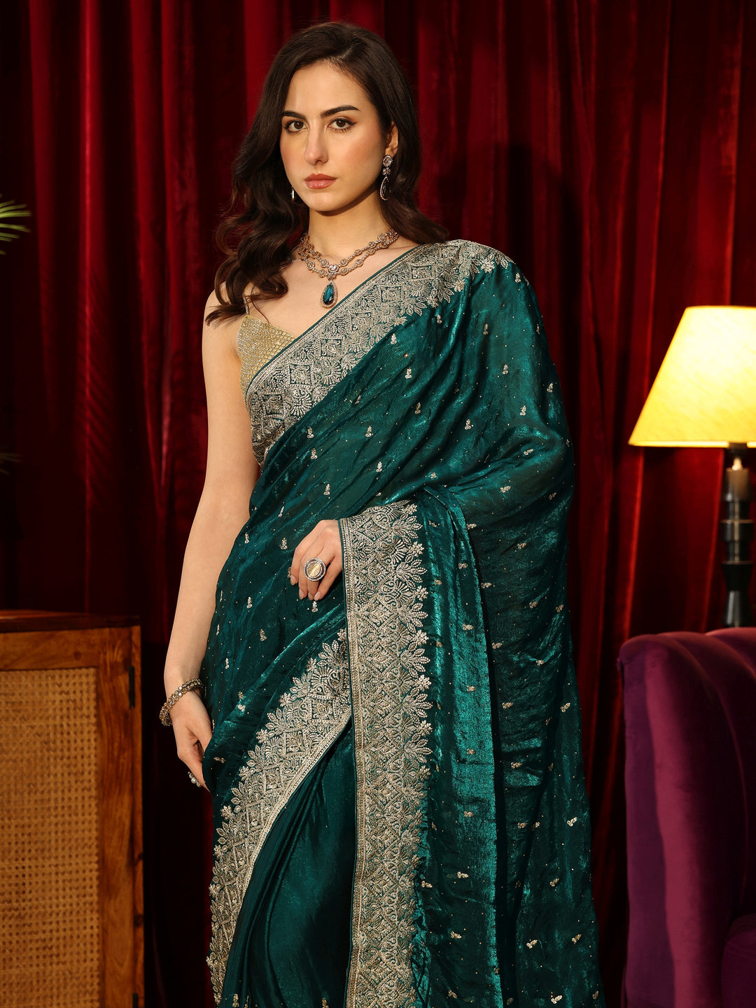 Libas Teal Green Embellished Tissue Saree