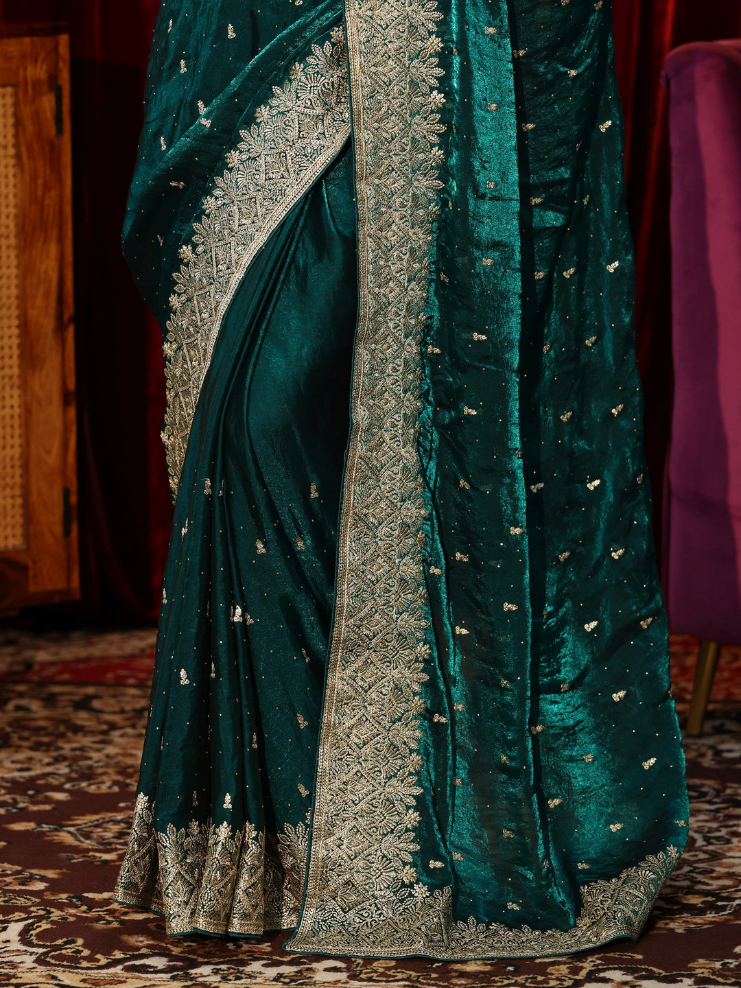 Libas Teal Green Embellished Tissue Saree
