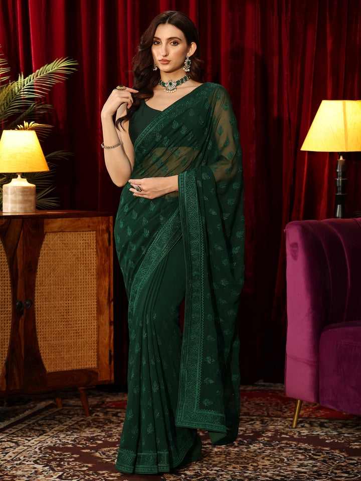 Libas Floral Embroidered Forest Green Georgette Saree