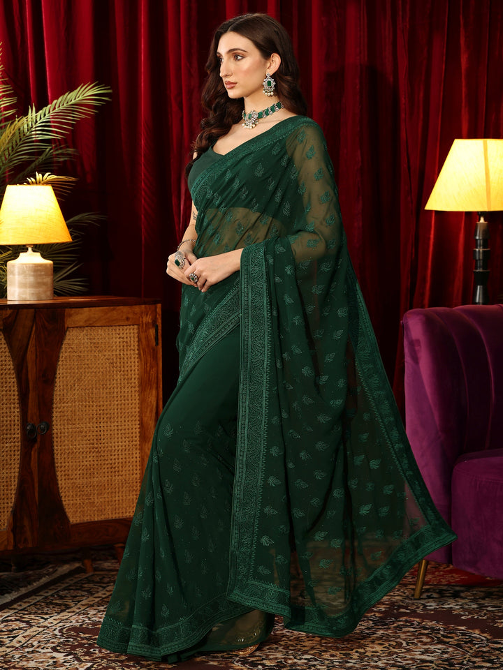 Libas Floral Embroidered Forest Green Georgette Saree