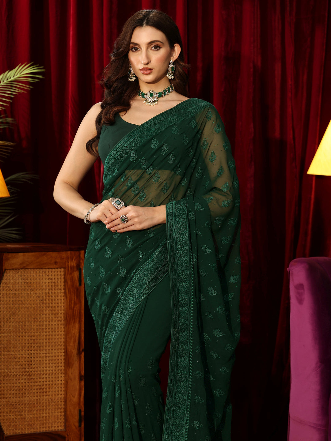 Libas Floral Embroidered Forest Green Georgette Saree