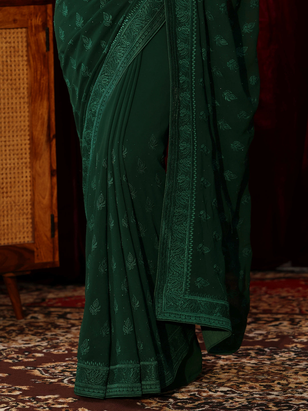 Libas Floral Embroidered Forest Green Georgette Saree