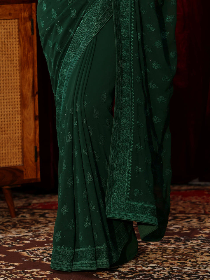 Libas Floral Embroidered Forest Green Georgette Saree