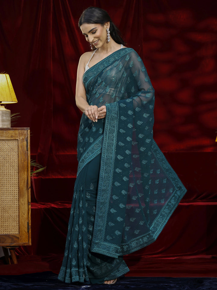 Libas Blue Floral Embroidered Georgette Saree
