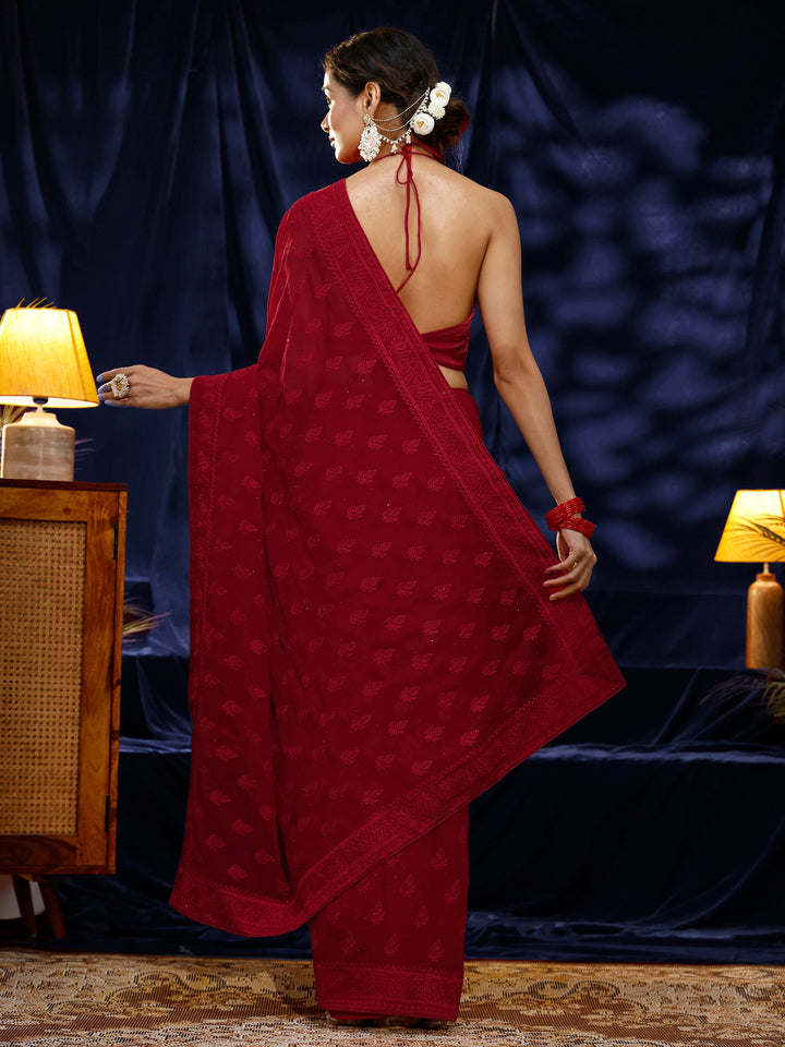 Libas Red Floral Embroidered Georgette Saree