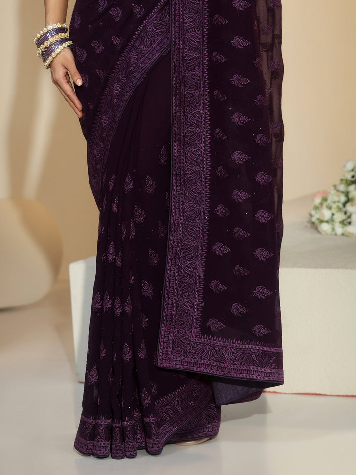 Libas Aubergine Purple Floral Embroidered Georgette Saree