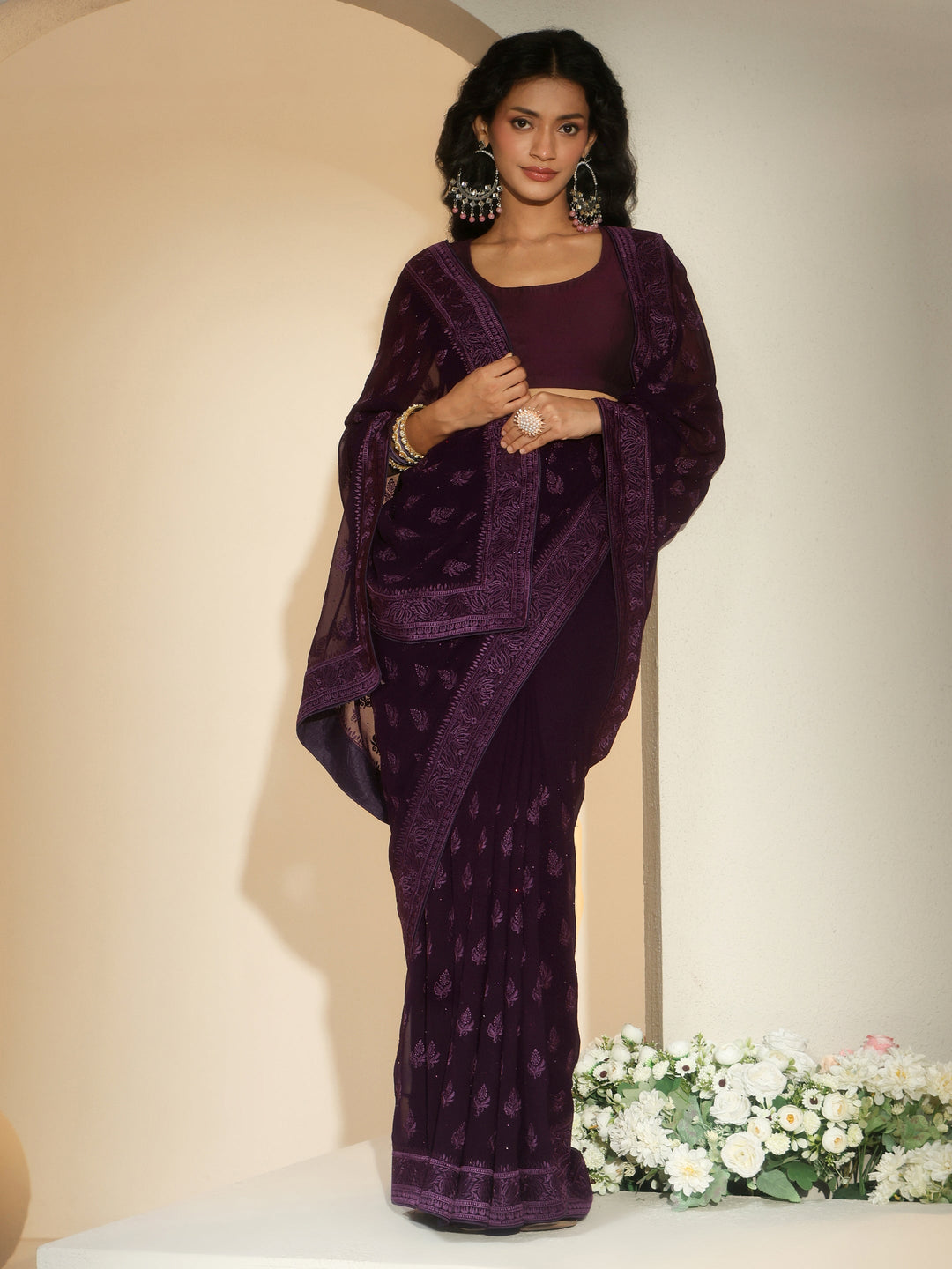 Libas Aubergine Purple Floral Embroidered Georgette Saree