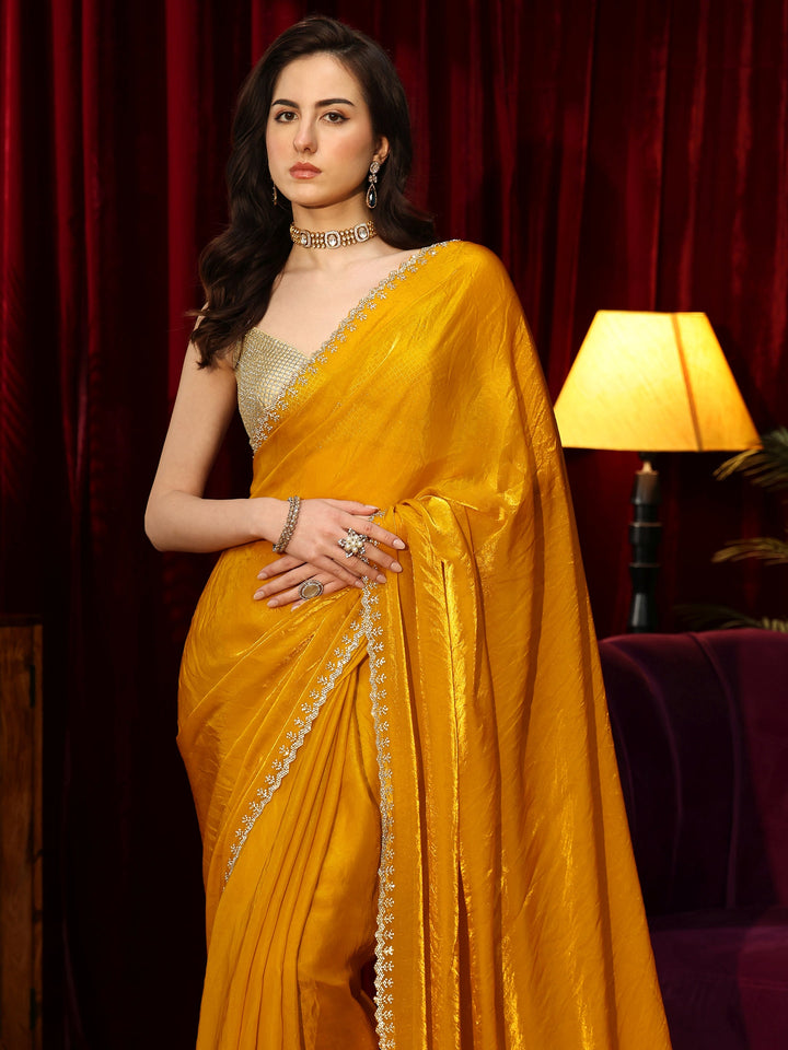 Libas Mustard Tissue Saree with Beaded Border