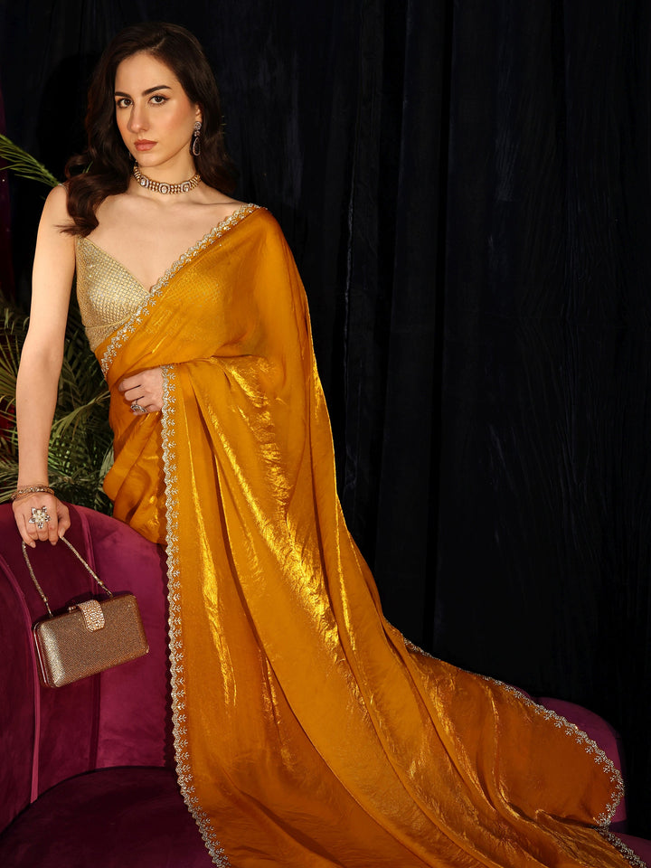 Libas Mustard Tissue Saree with Beaded Border