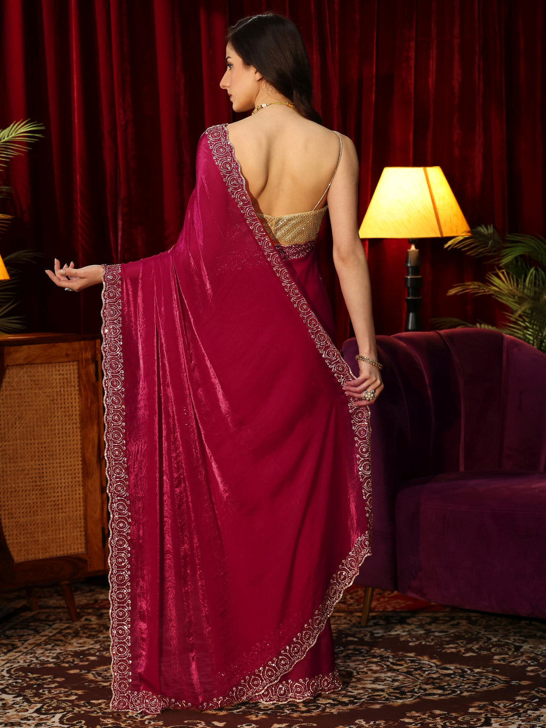Libas Rose Pink Tissue Saree with Embellished Border