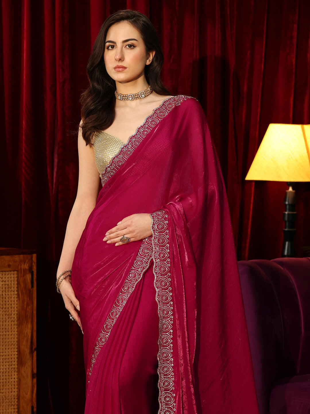 Libas Rose Pink Tissue Saree with Embellished Border