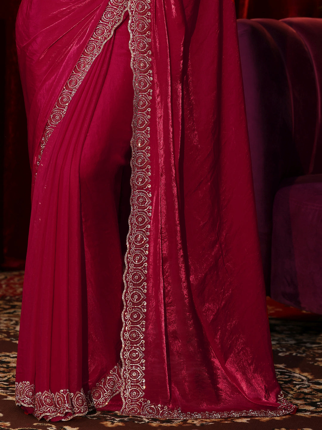 Libas Rose Pink Tissue Saree with Embellished Border