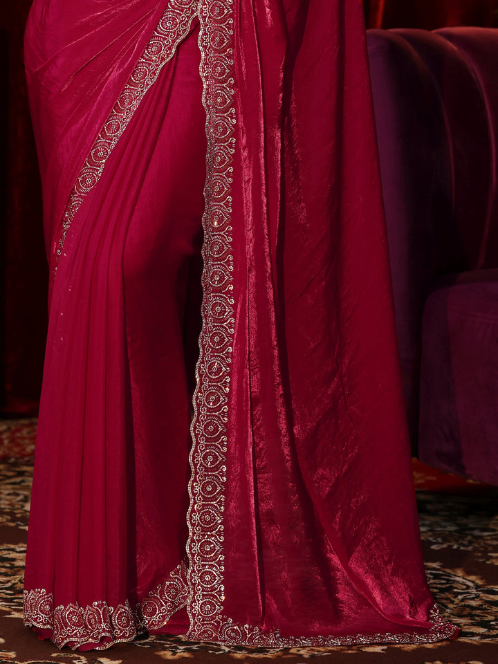 Libas Rose Pink Tissue Saree with Embellished Border