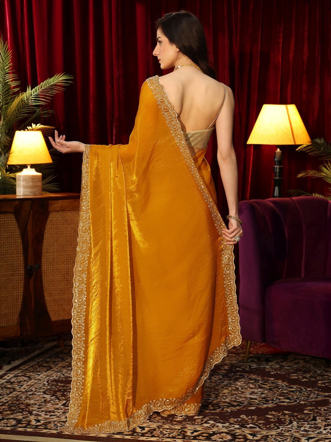 Libas Sunglow Yellow Tissue Saree with Embellished Border