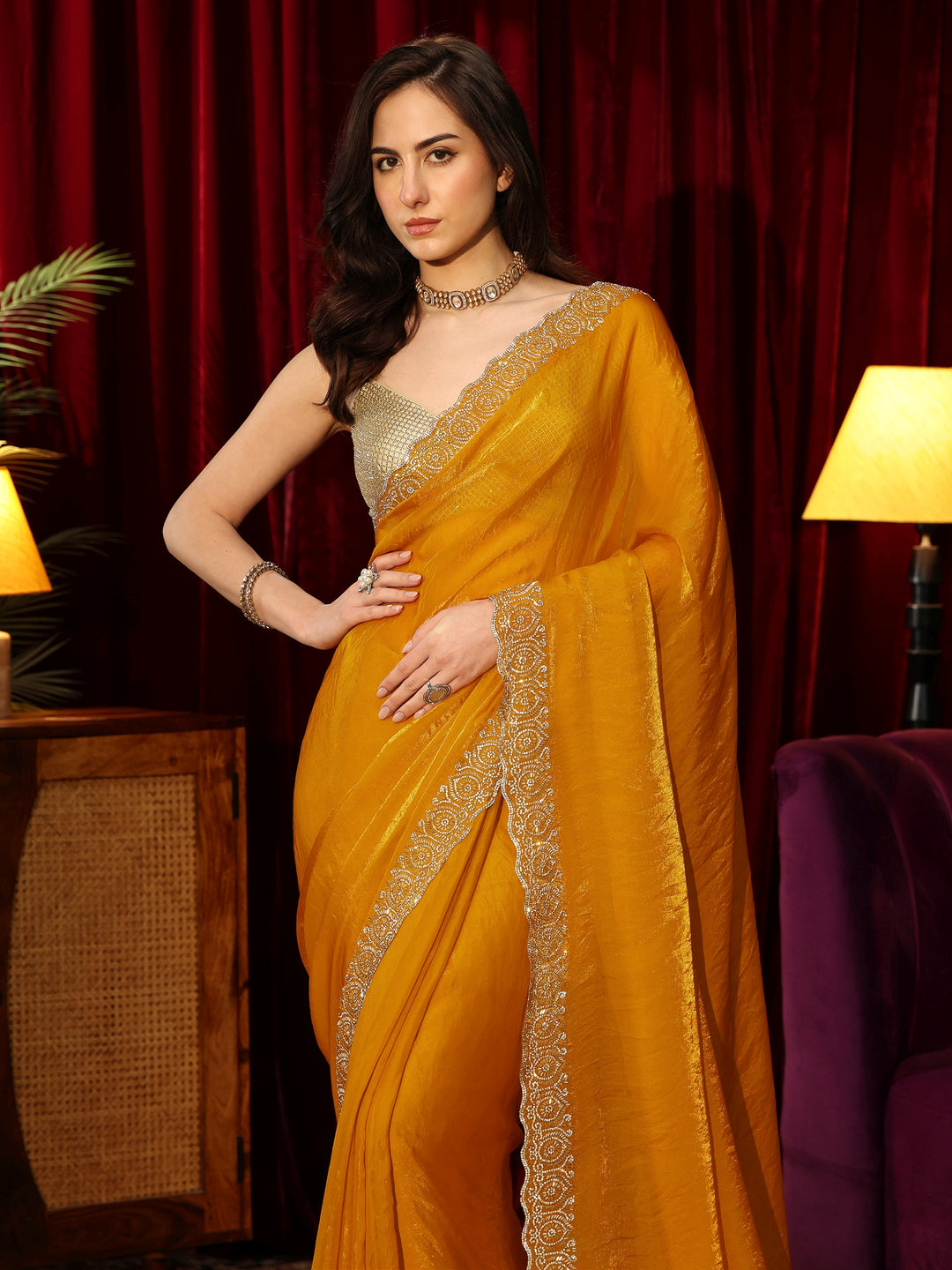 Libas Sunglow Yellow Tissue Saree with Embellished Border
