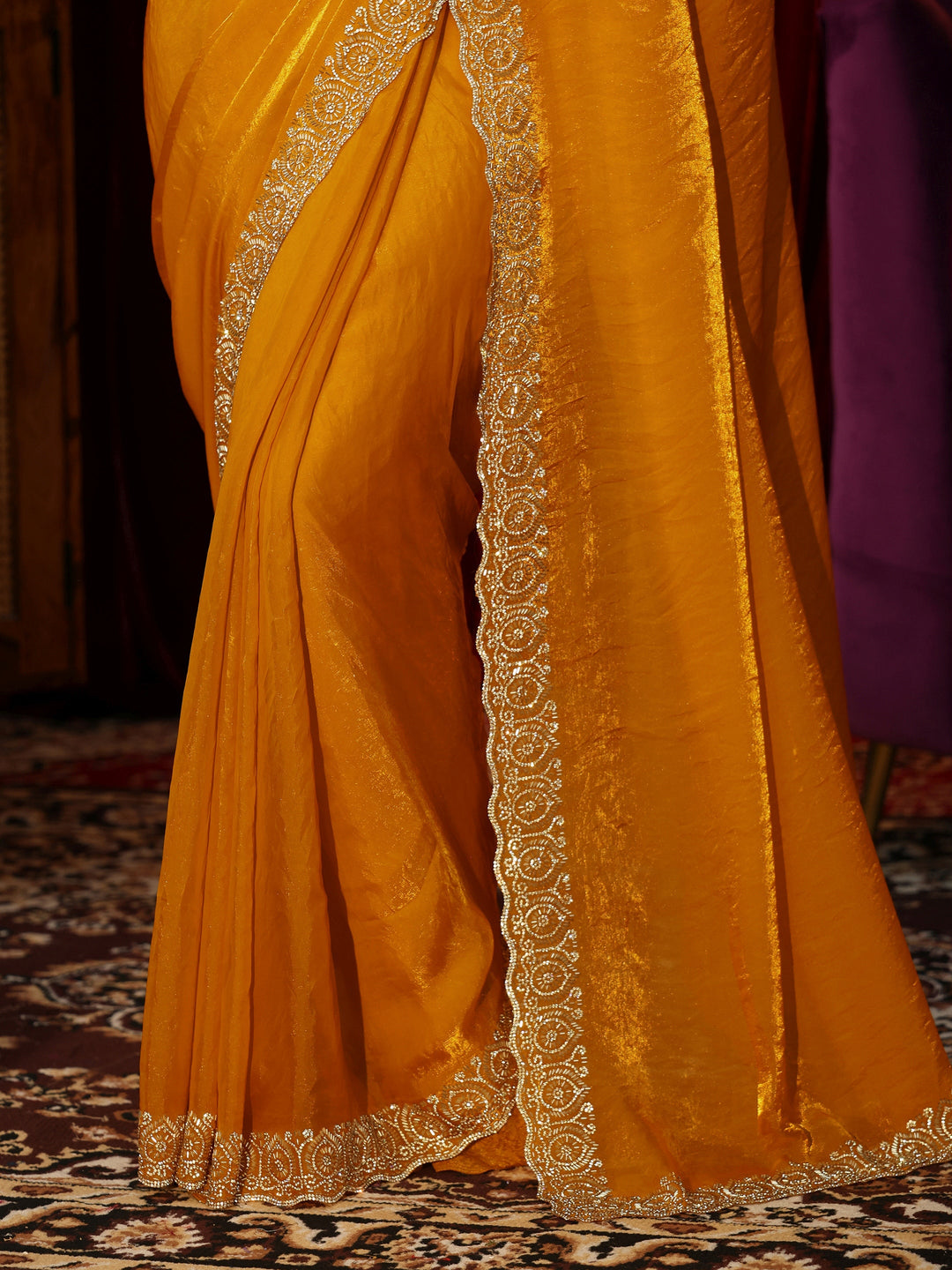 Libas Sunglow Yellow Tissue Saree with Embellished Border