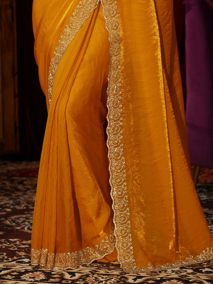 Libas Sunglow Yellow Tissue Saree with Embellished Border