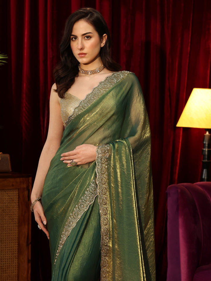 Libas Green Tissue Saree with Embellished Border