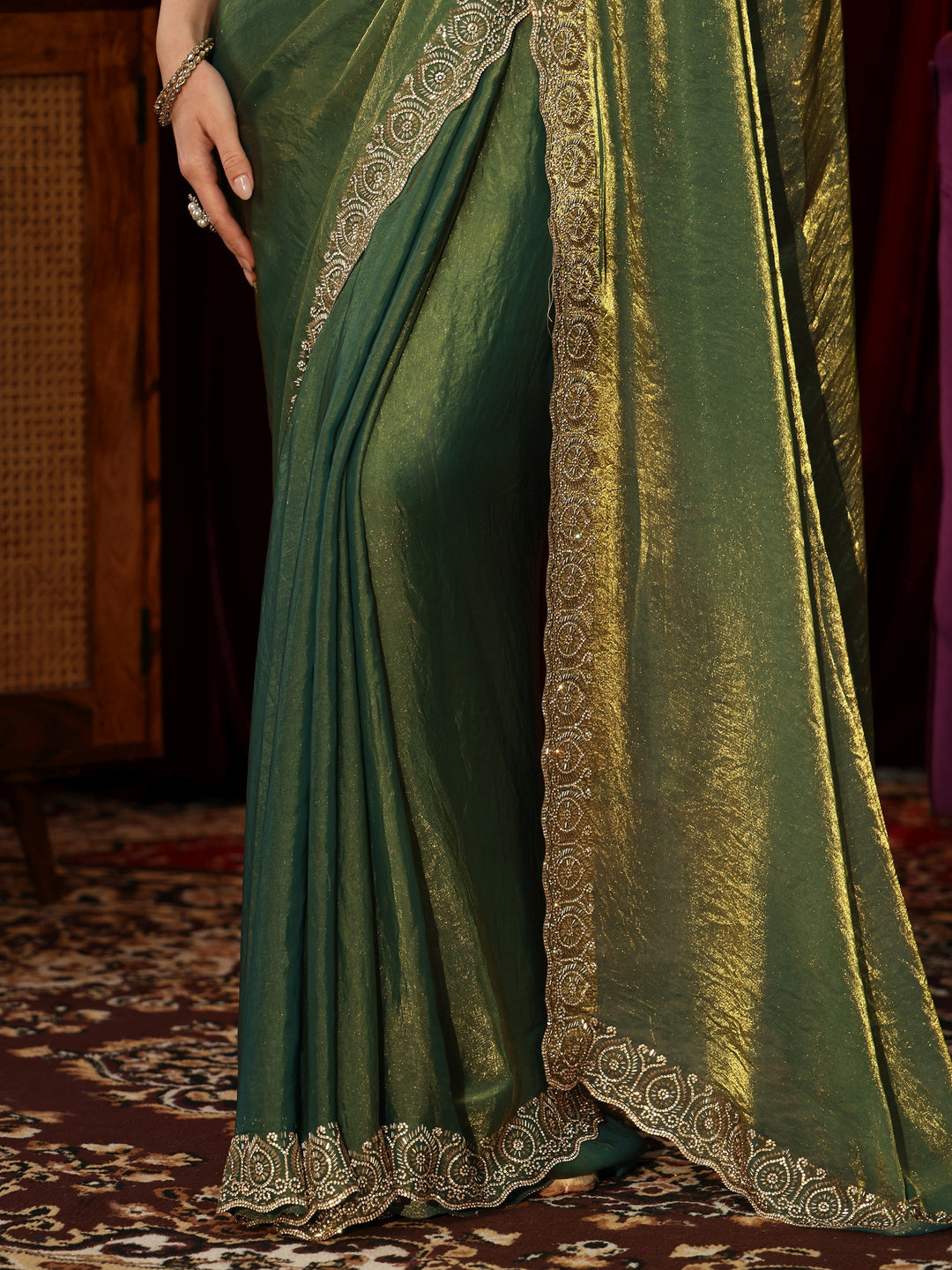 Libas Green Tissue Saree with Embellished Border