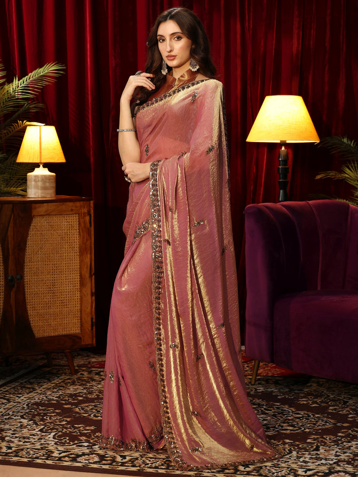 Libas Antique Pink Embellished Tissue Saree
