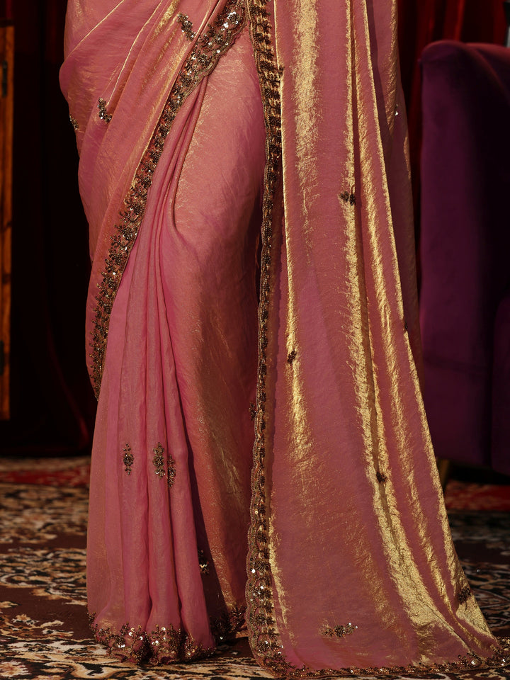Libas Antique Pink Embellished Tissue Saree